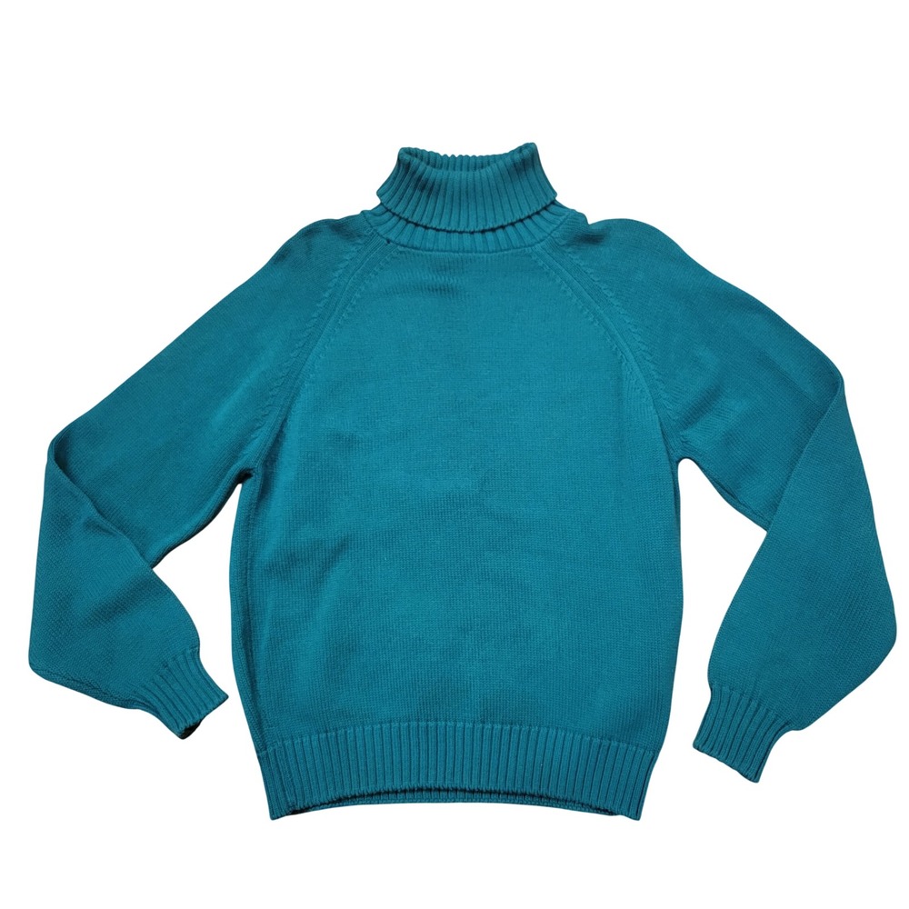 Lands End M Turtleneck Sweater Green Cotton Raglan Vintage USA Coastal Granny